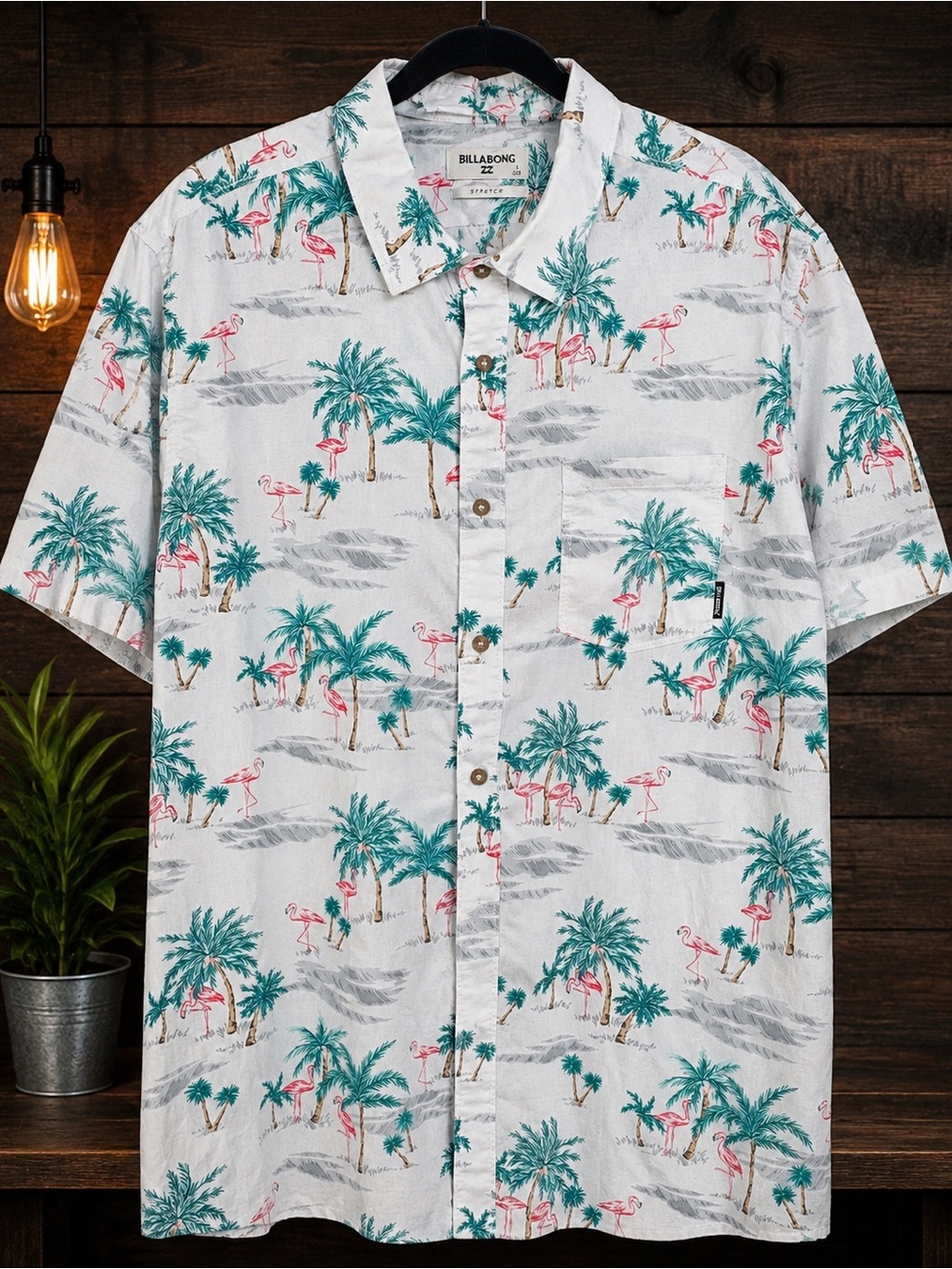 Billabong Men's White Tropical Palm & Flamingo Short Sleeve Shirt